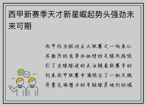 西甲新赛季天才新星崛起势头强劲未来可期