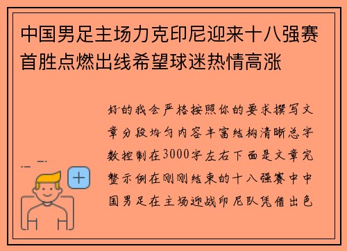 中国男足主场力克印尼迎来十八强赛首胜点燃出线希望球迷热情高涨